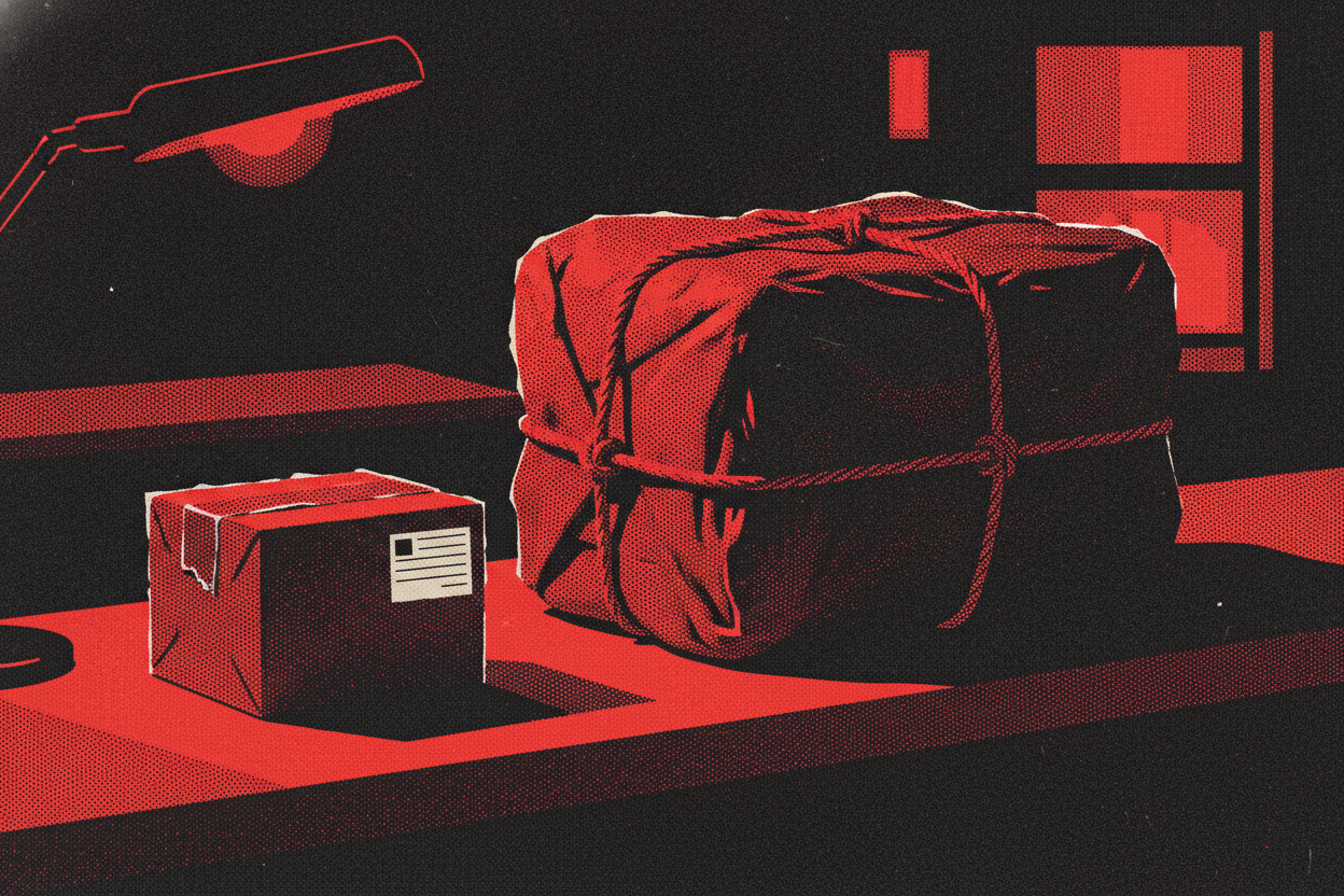 Red and black halftone illustration: two postal parcels on a bare counter, one small and neat, one oversized and over-wrapped with string (TheNotificationApp)