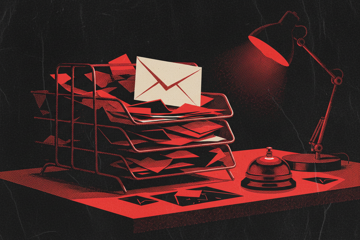 Red and black halftone illustration: an overflowing wire letter tray on a desk beside a small silent counter bell (TheNotificationApp)