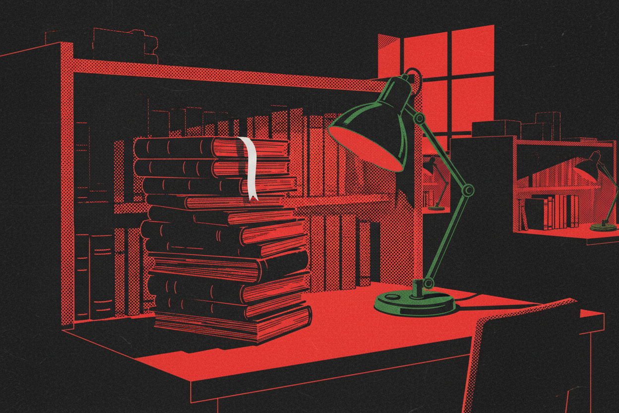 Red and black halftone illustration: a library carrel with a tall stack of closed books and a green reading lamp switched on (TheNotificationApp)