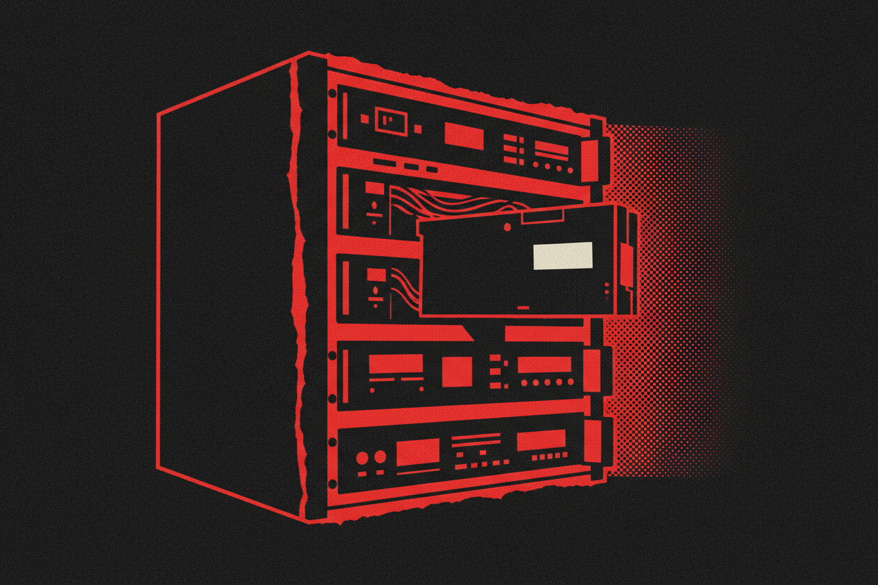 Red and black halftone illustration: a tape backup library with one cartridge ejected halfway out of its slot (TheNotificationApp)