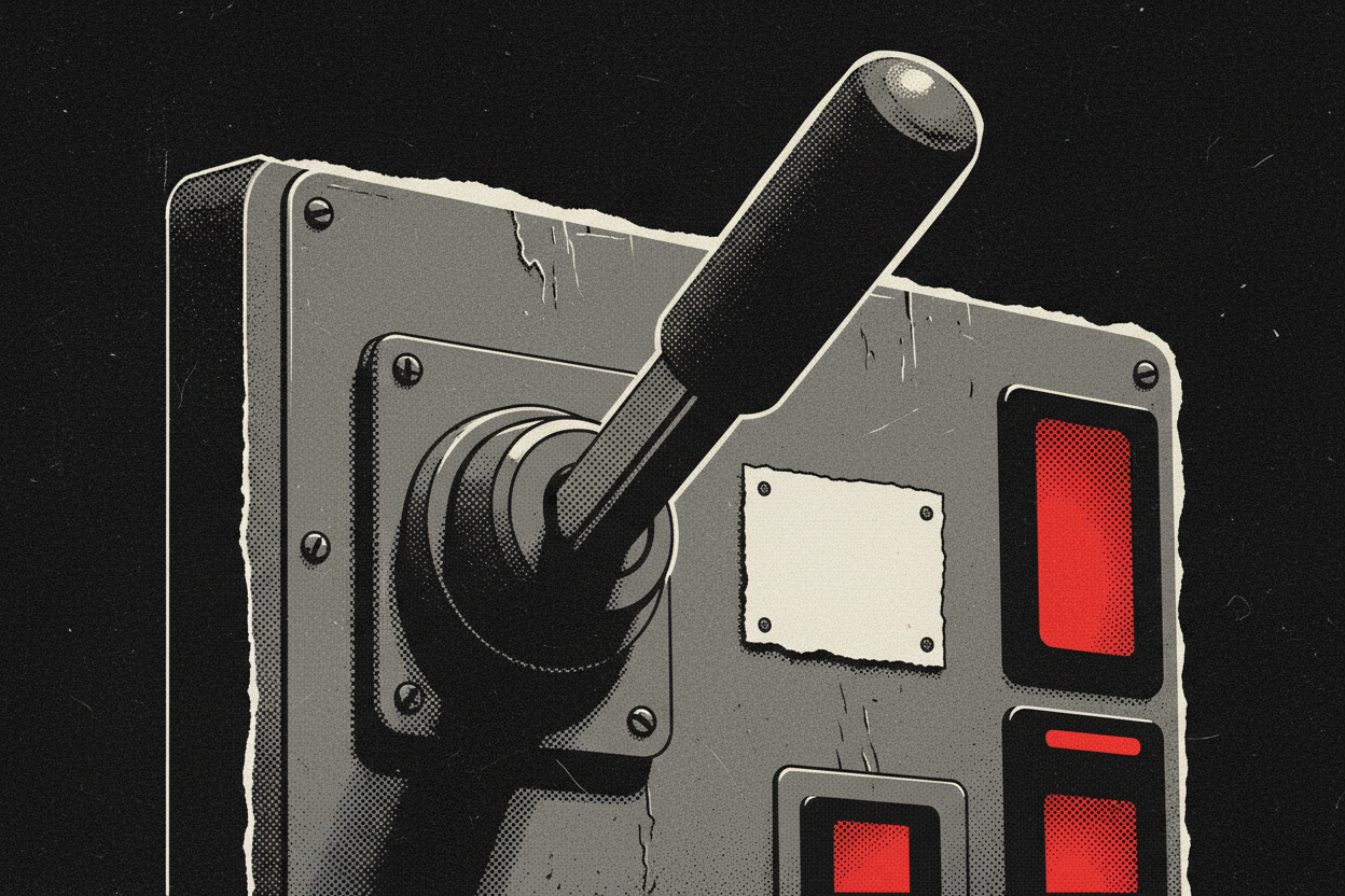Red and black halftone illustration: a large industrial power lever thrown to the on position on a grey steel panel (TheNotificationApp)
