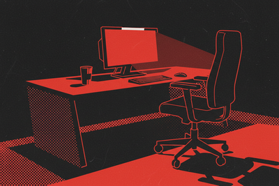 Red and black halftone illustration: an empty editing suite at night, a swivel chair pushed back from a long desk, one wide monitor still glowing, a cold cup beside (TheNotificationApp)
