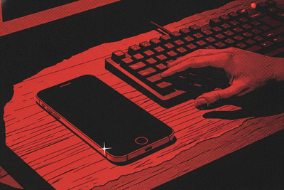 Red and black halftone illustration: a phone lying face down on a scratched wooden desk beside a mechanical keyboard, one hand just entering the frame to reach for it (TheNotificationApp)