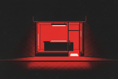 Red and black halftone illustration: a small glass storefront seen from the empty street at night, one interior light on above a bare counter (TheNotificationApp)