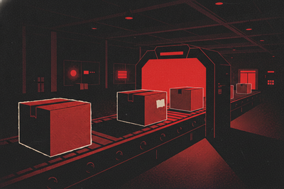 Red and black halftone illustration: sealed cardboard boxes riding a conveyor belt through a scanner arch in a dark warehouse (TheNotificationApp)