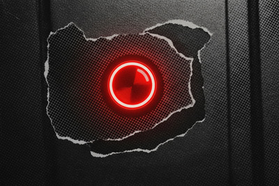 Red and black halftone illustration: a single illuminated push button on a bare steel panel, everything else blank metal (TheNotificationApp)