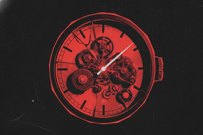 Red and black halftone illustration: a wall-mounted industrial timer clock with its gear train exposed behind cracked glass (TheNotificationApp)