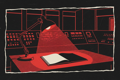 Red and black halftone illustration: an empty control room at night, one desk lamp lit over an open blank logbook, banks of dark switches behind (TheNotificationApp)
