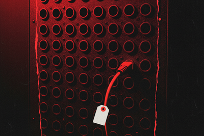 Red and black halftone illustration: a dense patch panel of dark ports with exactly one cable plugged in, the rest empty (TheNotificationApp)
