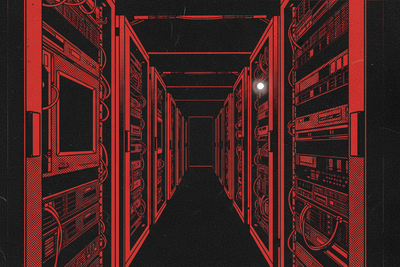 Red and black halftone illustration: a dark aisle between two server racks, one blank gap where a unit has been pulled out (TheNotificationApp)