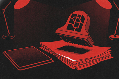 Red and black halftone illustration: a rubber stamp lifted just off a stack of papers, ink pad open beside it (TheNotificationApp)