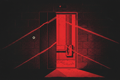 Red and black halftone illustration: a freight elevator door half open in a raw concrete shaft, counterweight cables visible in the gap (TheNotificationApp)