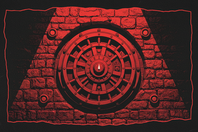 Red and black halftone illustration: a heavy round vault door set into a stone facade, seen straight on, hard alpine light falling from above (TheNotificationApp)