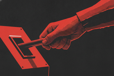 Red and black halftone illustration: a hand pulling a single long lever on an otherwise blank metal console (TheNotificationApp)