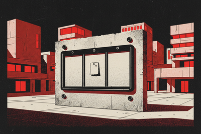 Red and black halftone illustration: a public notice board bolted to a concrete wall in an empty square, its panels bare (TheNotificationApp)