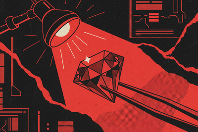 Red and black halftone illustration: a faceted cut stone held in fine tweezers under a jeweller lamp (TheNotificationApp)