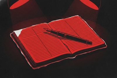 Red and black halftone illustration: a worn accounts ledger open on a counter with a fountain pen laid across the gutter (TheNotificationApp)