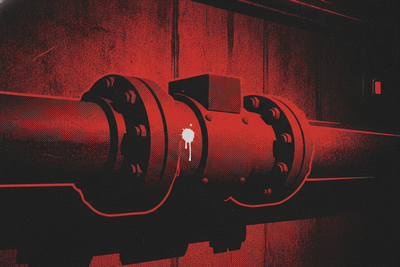 Red and black halftone illustration: a single heavy coupling joining two pipes against a concrete wall, nothing else in frame (TheNotificationApp)