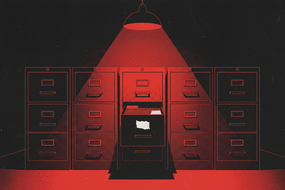 Red and black halftone illustration: five identical filing cabinets in a row in a dim room, one drawer pulled fully open (TheNotificationApp)