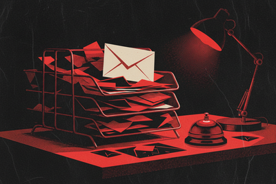 Red and black halftone illustration: an overflowing wire letter tray on a desk beside a small silent counter bell (TheNotificationApp)