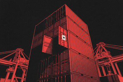 Red and black halftone illustration: stacked shipping containers at a port at night, one container door swung wide open onto blackness (TheNotificationApp)