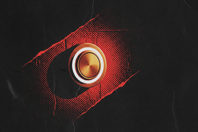 Red and black halftone illustration: a brass doorbell button on a plain rendered wall, nothing else (TheNotificationApp)