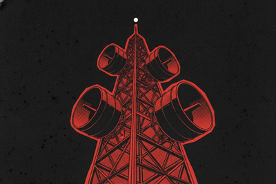 Red and black halftone illustration: a microwave relay tower against a night sky, three drum dishes at different heights (TheNotificationApp)