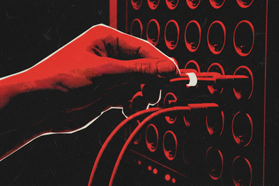 Red and black halftone illustration: a hand pushing two patch cables into a plugboard of dark sockets, no tools anywhere (TheNotificationApp)