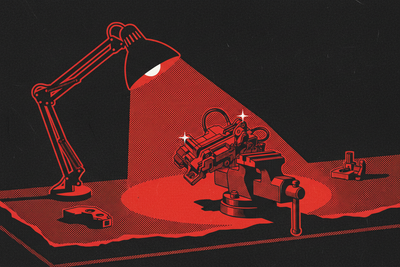 Red and black halftone illustration: an empty workshop bench at night, one task light on, a single finished part still clamped in the vise (TheNotificationApp)