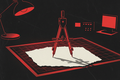 Red and black halftone illustration: a drafting compass standing point-down on a blank sheet of paper on a dark drawing board (TheNotificationApp)