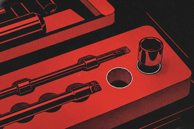 Red and black halftone illustration: a socket wrench set in a foam tray with exactly one socket lifted out and set beside it (TheNotificationApp)