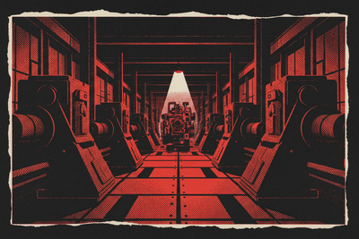 Red and black halftone illustration: a long dark factory floor at night with one machine still running at the far end, everything nearer switched off (TheNotificationApp)