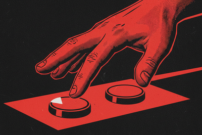 Red and black halftone illustration: a hand hovering just above two unmarked buttons on a console, not yet pressing either (TheNotificationApp)
