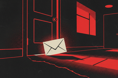 Red and black halftone illustration: a sealed envelope pushed halfway under a closed office door, seen from the corridor floor (TheNotificationApp)