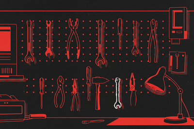 Red and black halftone illustration: a pegboard wall hung with tools, one hook empty (TheNotificationApp)