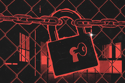 Red and black halftone illustration: a heavy padlock hanging open on a chain-link gate, the key still sitting in the barrel (TheNotificationApp)