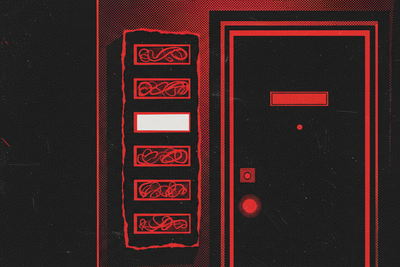 Red and black halftone illustration: a column of identical intercom buzzers beside an apartment door, every nameplate filled except one (TheNotificationApp)