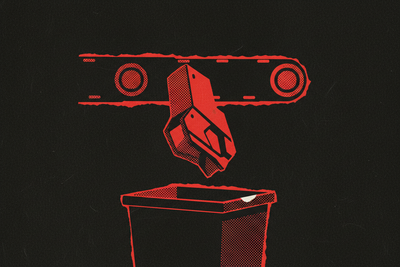 Red and black halftone illustration: the end of a conveyor line where a finished part is dropping into an otherwise empty bin (TheNotificationApp)