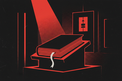 Red and black halftone illustration: a thick bound manuscript lying closed on a lectern in a dark room (TheNotificationApp)