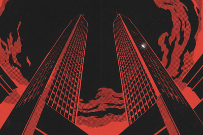 Red and black halftone illustration: twin identical towers seen from directly below against a night sky, one single window lit near the top (TheNotificationApp)