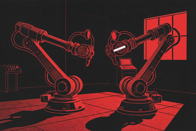 Red and black halftone illustration: two identical machine arms side by side on a shop floor, one frozen mid-motion, one at rest (TheNotificationApp)