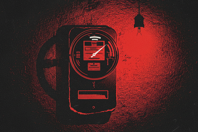 Red and black halftone illustration: a coin-fed electricity meter on a basement wall, dial spinning behind glass, slot below (TheNotificationApp)