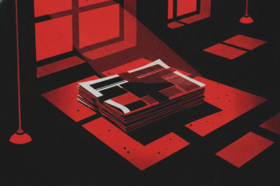 Red and black halftone illustration: a stack of newspapers on a doorstep at dawn, the top one still folded and unopened (TheNotificationApp)