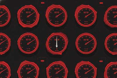 Red and black halftone illustration: a wall of identical analogue pressure gauges, every needle steady except one dropped to zero (TheNotificationApp)