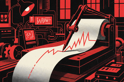 Red and black halftone illustration: a strip-chart recorder drawing a jagged line onto rolling paper, pen arm mid-stroke (TheNotificationApp)