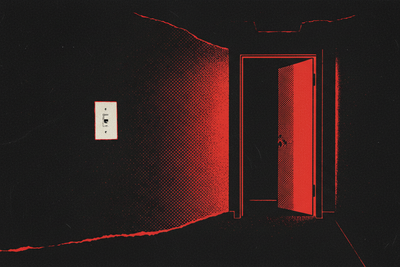 Red and black halftone illustration: a dark hallway at night, a single light switch plate on the wall, a door standing ajar at the far end (TheNotificationApp)