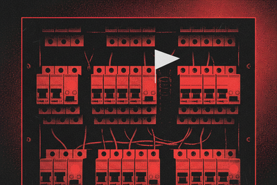 Red and black halftone illustration: a dense bank of circuit breakers in a steel panel, one breaker tripped down out of line (TheNotificationApp)