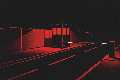 Red and black halftone illustration: a guard box at an empty gate at night, light on inside, the barrier arm lowered across the road (TheNotificationApp)