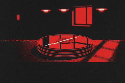 Red and black halftone illustration: a stack of bare hard drive platters on a workbench, the top one carrying a long visible scratch (TheNotificationApp)