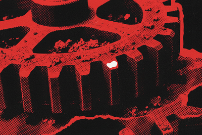 Red and black halftone illustration: a heavy iron gear half-buried in workshop grit, teeth pitted and worn (TheNotificationApp)